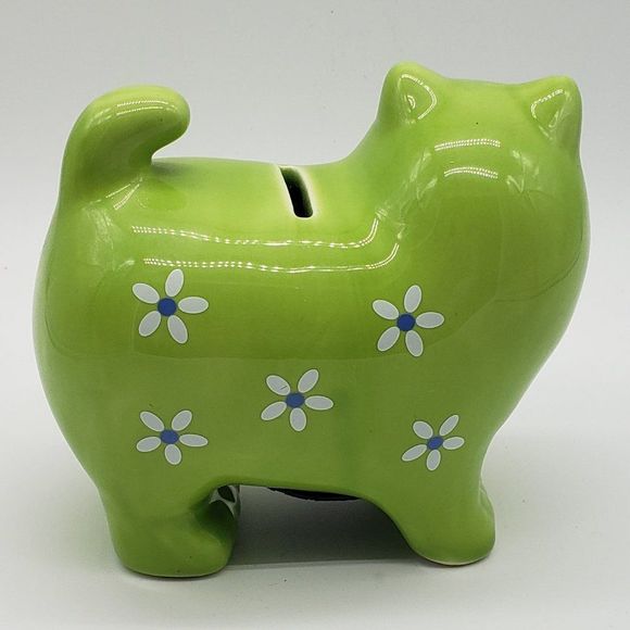 Lime Green Cat Shaped Applied White Blue Flowers Ceramic Piggy Bank with Stopper - Picture 8 of 13